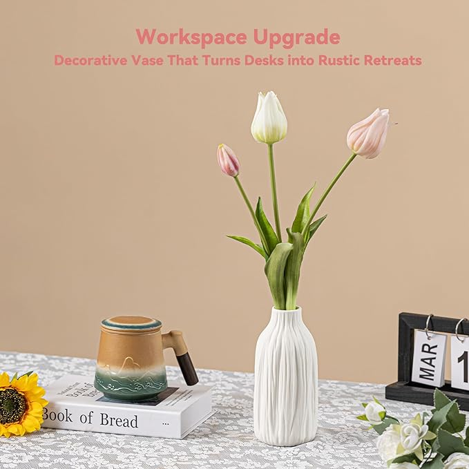 Woodgrain Sculptural Vase - White Matte Ceramic with Vertical Texture, 7.2" Unique Flower Vase for Pampas Grass/Centerpieces, Decorative Farmhouse Vase for Living Room/Office,Ideal Gift for Minimalist