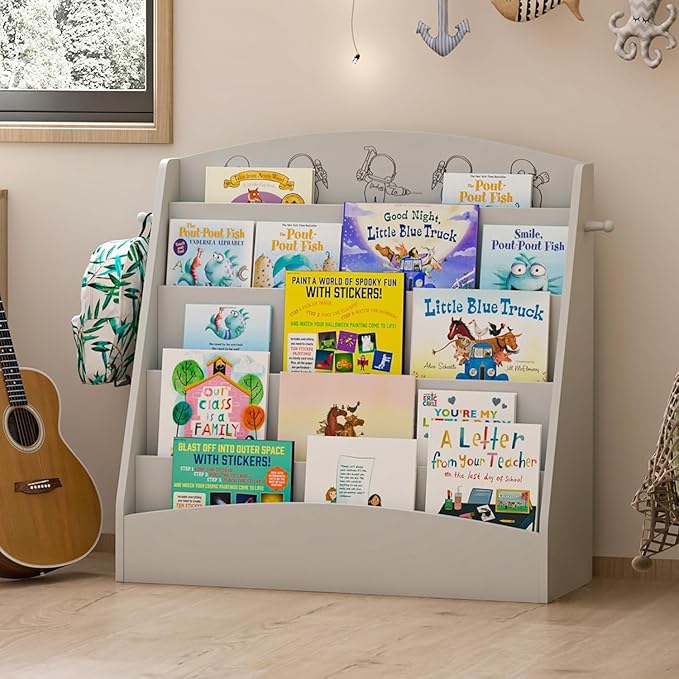 5-Tier Kids Bookshelf Montessori Toddler Book Rack Baby Bookcase Floor Front Facing Magazine Display Shelf for Bedroom Playroom Nursery Classroom Kindergarten Wood (Gray)