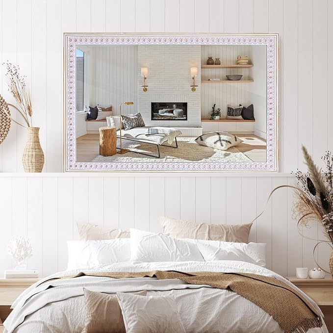 Decointo 35x23 Inch Wooden Rustic Farmhouse Rectangle Wall Mirror | Boho Decorative Mirror for Bathroom Over Sink, Entryway, Living Room, Bedroom, Vanity Mirror, Vertical or Horizontal Hanging