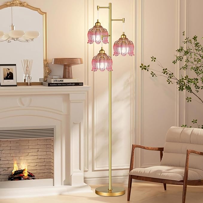 QIYIZM Pink Floor Lamp for Living Room,Bedroom,Gold Mid Century Modern Standing Lamp Brass Tree 3 Light Tall Floor Lamps Vintage Retro Floor Lights Glass Flower Lamp Shade Girls Kids Boho Bohemian
