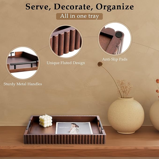 Acacia Wood Decorative Serving Tray with Handles, 16.7" x 12.8" Large Wooden Ottoman Tray for Living Room, Coffee Table Tray Decor for Food, Dinner, Tea or Breakfast in Bed (Walnut)