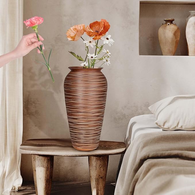Ceramic Rustic Floor Vase,12" Large Farmhouse Flower Vases for Home Decor,Tall Boho Stain Resistant Decorative Vase for Living Room,Entryway,Office,Shelf,Centerpieces Decor (Goldenbrown)