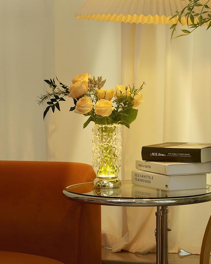 Crystal Vase, Dimmable Cordless Table Lamp, Rechargeable Crystal Light for Home Decor, Bedroom, Livingroom