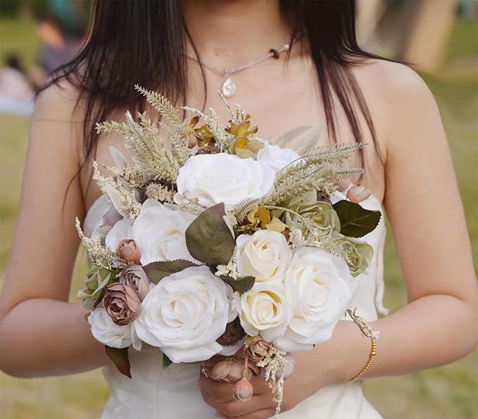 Wedding Bouquets for Bride Bridesmaid Khaki Rose Bridal Bouquet for Bride Artificial Flowers Wedding Tossing Bouquets for Wedding Church Bridal Shower Ceremony Anniversary (Khaki+Ivory)