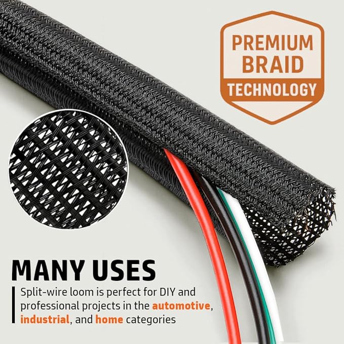 MGI SpeedWare Braided Split-Sleeve Wire Loom for High-Temperature Automotive Harness and Home Cable Management 10 feet (3/4")