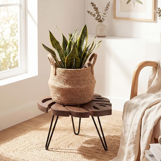 Novabright Monstera Leaf Short Plant Stand Small Wooden Plant Stool Stand Risers Pedestal Display Decorative for Flower Indoor Outdoor Rustic Farmhouse Table Balcony Home Office Bedroom Decor