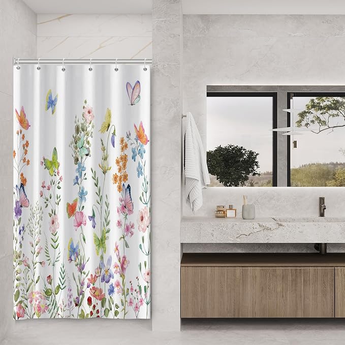 Spring Floral Butterfly Shower Curtain Summer Colorful Wildflowers Botanical Shower Curtain for Rustic Vintage Bathroom Decor Easter Shower Curtain Set 36x72 Inches