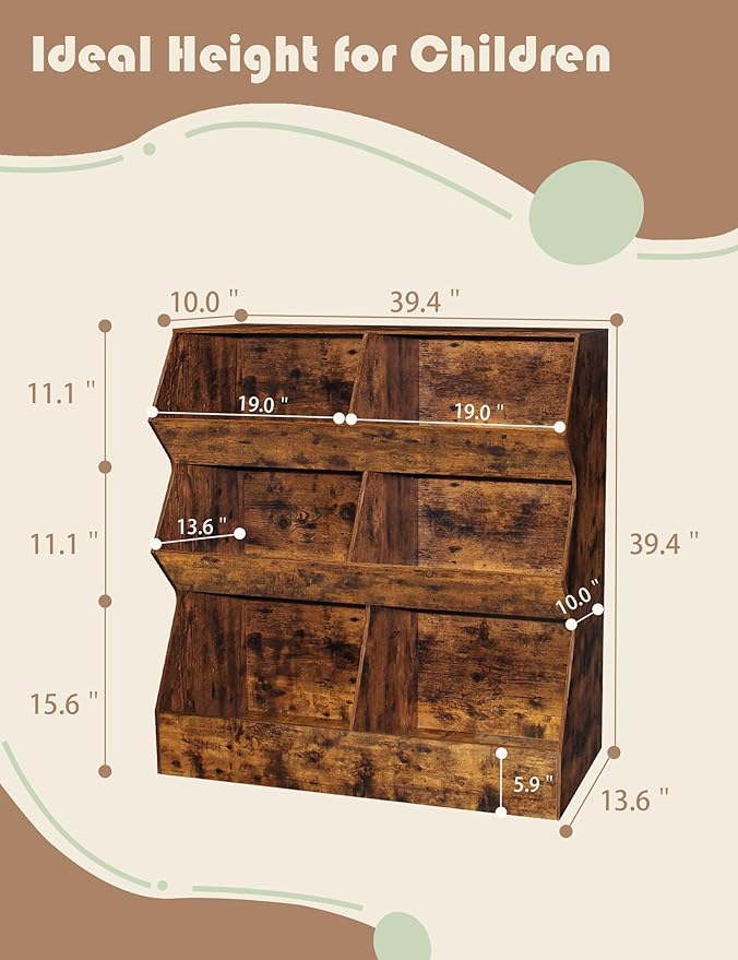 DINZI LVJ Toy Storage Organizer, Kids Bookshelf, Wooden Toy Storage Cabinet, 6 Cubby Children Bookcase, 39.4" L Toddler Book Shelf for Playroom, Living Room, Nursery, Hallway, School, Rustic Brown