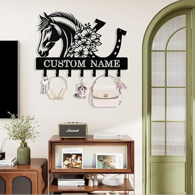 Syneiro Personalized Horse Key Holder Wall Mount, Custom Metal Keys Holder for Wall with Name, Wall Home Key Hanger Rack with Hooks for Entryway, Front Door, Living Room, Kitchen, Bathroom, Garden