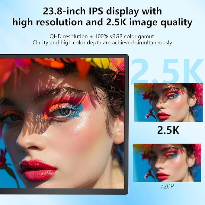 23.8" Large Portable Monitor, 2.5K QHD 180Hz Laptop Screen Extender, 150% RGB 178° IPS, Speakers & USB Hub for Office/Gaming with Kickstand, Travel Monitor for Laptop/PC/Mac/Xbox, VESA USB-C & HDMI