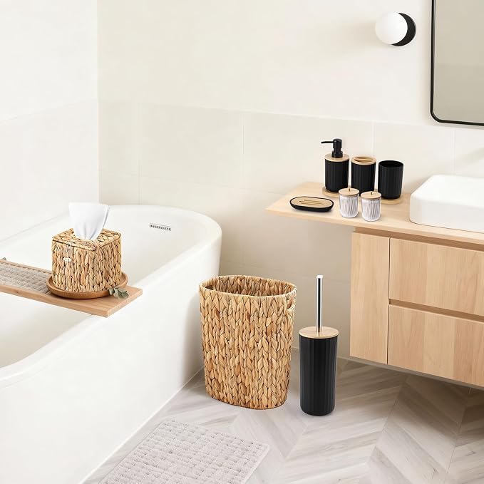 Bathroom Accessory Set, 10 Pieces Bath Set- Wicker Trash Can Tissue Box Soap Dish Toothbrush Holder Rinse Cup Lotion Bottle Toilet Brush Qtip Holder - Practical Bathroom Decor Sets (Rattan Black)