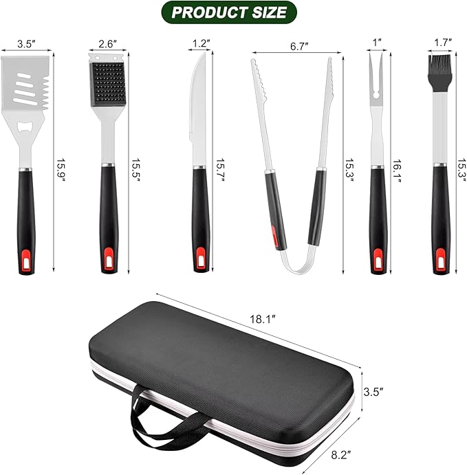 YJHOLE Grilling Accessories Set Spatula Fork Cleaning Brush Food Tongs Carving Knife Basting Brush Durable Stainless Steel BBQ Grill Tools with Extra Thick Storage Case BBQ Accessories Grill Set