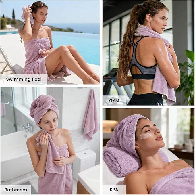 SEMAXE Bath Towel Set, 8 Piece Towel Set for Bathroom, Quick Dry Cotton Towels with Hanging Loops, Easy Care, Purple
