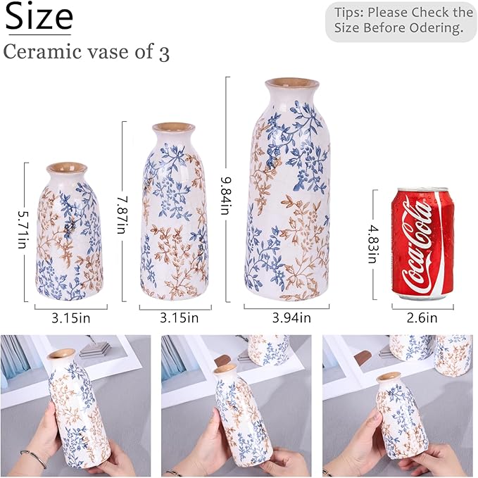 Ceramic Vase Set of 3, Blue and Beige Vintage Floral Glazed Vases for Home Decor, French Country Rustic Farmhouse Style Flower Vases, Grandmillennial Table Centerpiece for Living Room or Kitchen