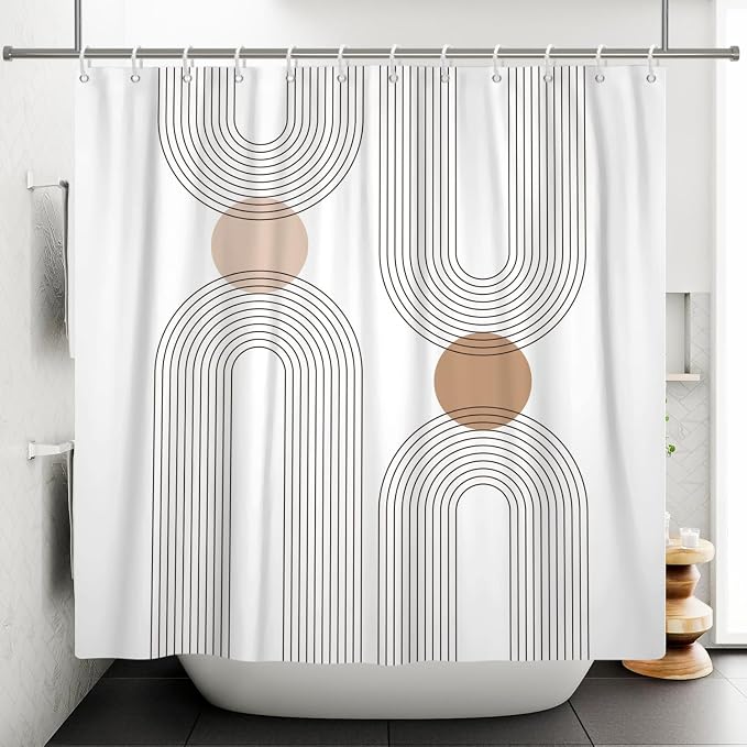 Mid Century Shower Curtain for Bathroom, Boho Sun Rainbow Modern Minimalist Geometric Shower Curtain, Abstract Arch Lines Modern Aesthetic Bathroom Decor Curtain Sets 72x84 inch