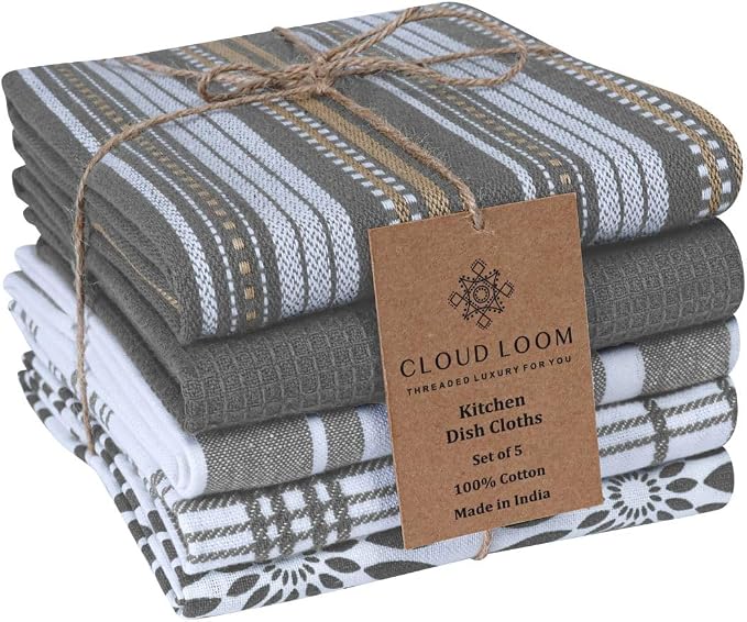 Assorted Kitchen Towels - Grey Kitchen Towels, Set of 5, 16x26 in - Absorbent 100% Cotton Dish Towels with Hanging Loop - Waffle Weave Tea Towels for Drying Dishes, Glassware & Counters