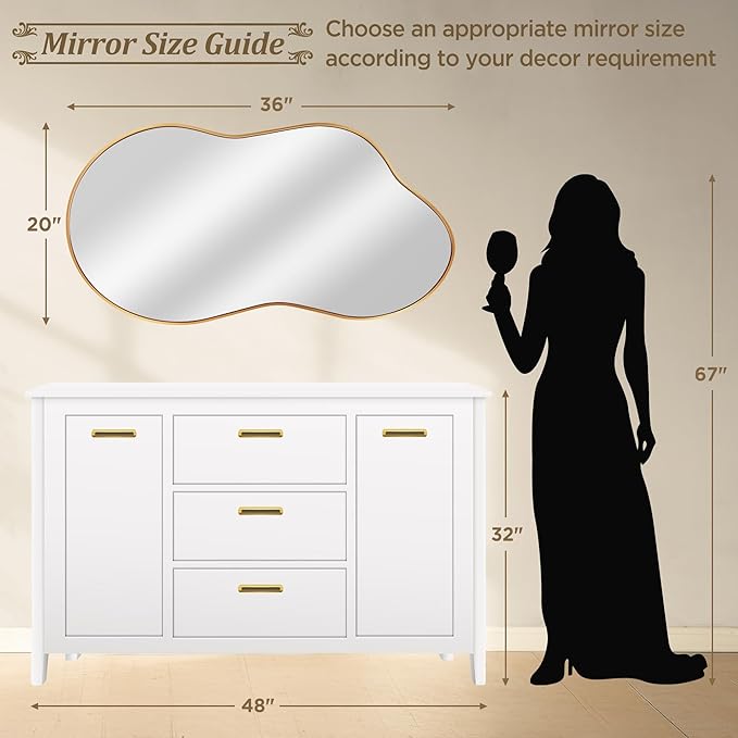 Dorlicecass Irregular Wall Mirror - Wall Mirrors Decorative 20"x36" Gold Asymmetrical Mirror Tempered Glass Aviation Aluminum Alloy Frame for Bathroom, Bedroom, Living Room, Cloakroom, Entryway