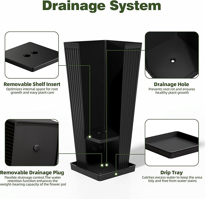 Square Tall Planters for Outdoor Plants Set of 2-23.6" Modern Tapered Indoor Flower Pots with Drainage Holes/Partition/Tray, Large Outdoor Planters for Porch Patio Garden Front Porch, Black