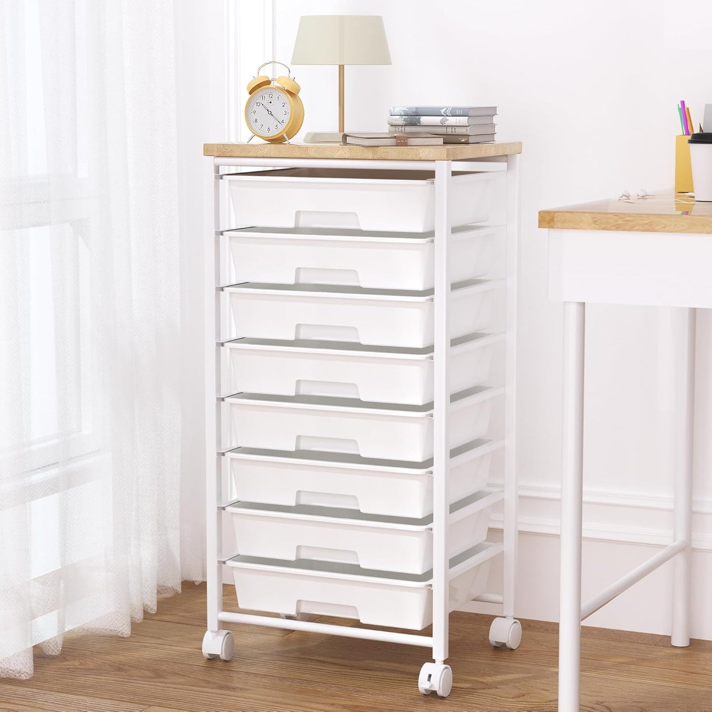 Skiennix Rolling Cart - 8 Drawer Storage Solution with Wooden Tabletop & Lockable Wheels | Versatile for Home & Office