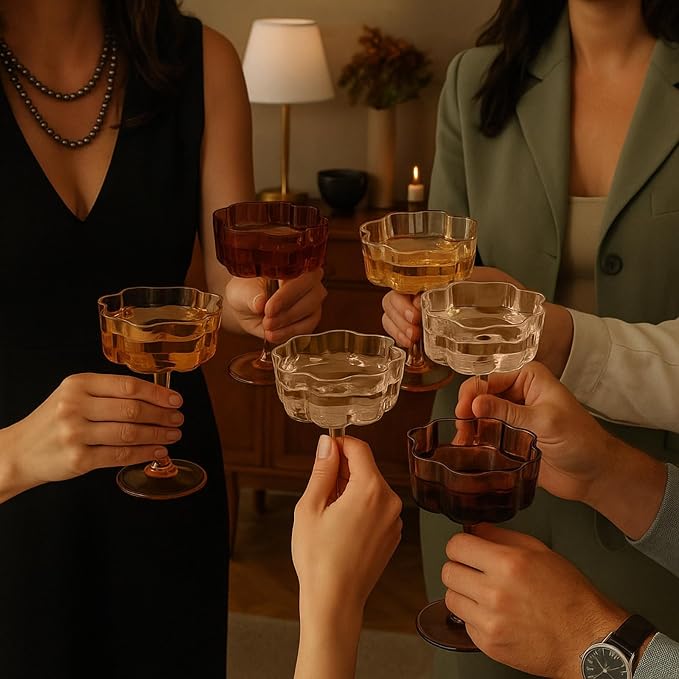 Venus Flower Scalloped Vintage Wavy Petals Wave Glass Coupes 7oz Colorful Martini, Champagne & Cocktails, 6 Set Brown Amber Shades Rippled Champagne Glasses, Elegant Bar Glassware, Aesthetic Coupe