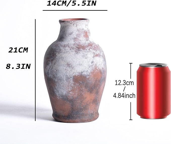 Handmade Rustic-Style Ceramic Decorative vase, Dimensions 8.3 x 5.5 inches, Featuring Distressed Gray and Terracotta hues, Suitable for Rustic, Country, and Various Decor Styles.