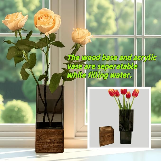 Shatterproof Acrylic Flower Vase with Wood Base–10”H*4.7''W Modern Table Centerpiece for Home Office Decor, Holds Fresh/Dried Stems, Lightweight&Stable, Present for Housewarming Christmas(Rectangular)