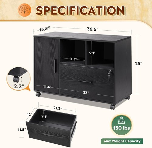 DEVAISE Office File Cabinet - Lockable 1-Drawer Lateral Filing Cabinet on Wheels | Black with Open Storage Shelves