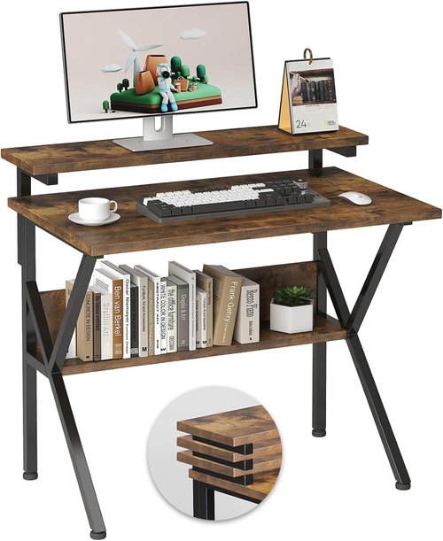 COTUBLR Small Computer Desk - 27.5 Inch Compact Study Desk with Adjustable Monitor Stand | Rustic Brown