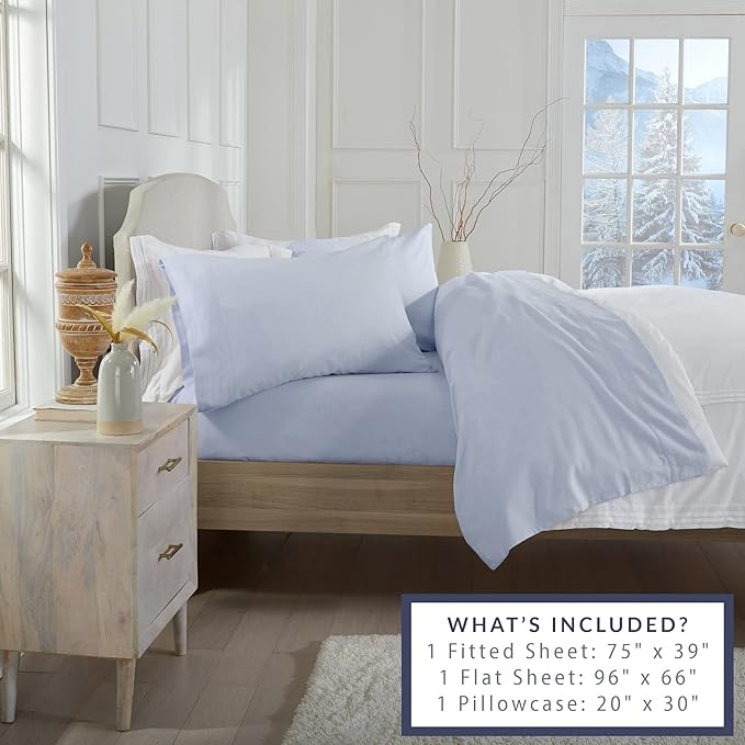 Market & Place 100% Turkish Cotton Flannel Sheet Set | 3 Piece Deep Pocket Solid Cozy Winter Bed Sheets | Double Brushed for Extra Softness & Comfort | Chalet Collection (Twin, Light Blue)