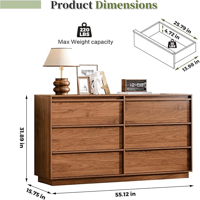 55.12" Modern Chest of Drawer, 6 Deep Drawers,Clothes Organizer,Large Storage Cabinet for Living Room, Bedroom,Dresser TV Stand, Wood Drawer Organizer for Living Room, Hallway, Umber