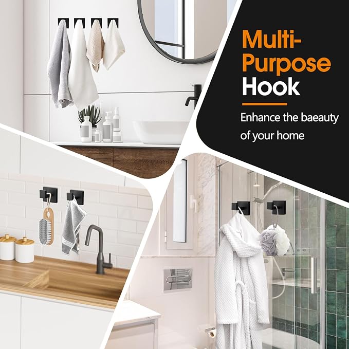 4 Pack Matte Black Towel Hooks for Bathroom, Heavy Duty 33lb Stainless Steel Wall Hooks, Modern Square Robe Hook Screw Mounted for Hanging Coats, Hats, Bags, Rustproof Hardware