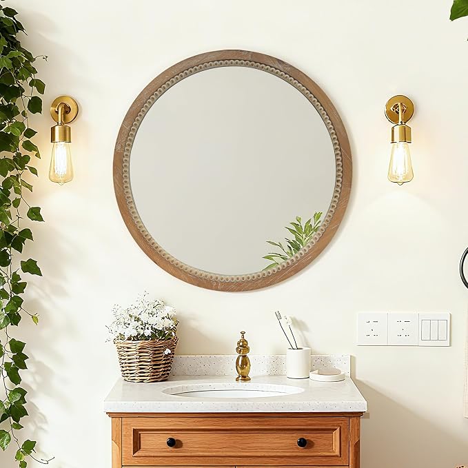23.62" Round Rustic Farmhouse Wall Mirror Distressed Wood Beaded Frame Vintage Accent Mirror Wall Mounted HD Decorative Mirror For Bathroom Bedroom Entryway Modern Farmhouse Mid-Century Home Decor