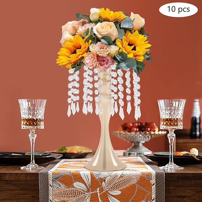 Flower Stand Vase, 10 Pcs Glam Crystal Wedding Reception Decorations with Sparkling Beads Table Center Display Flower Arrangement Flower Stand Metal Vase for Event Party Decor (Gold, H:13.78in)