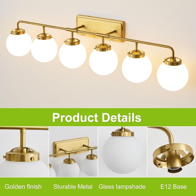 Bathroom Light Fixtures Gold Vanity Lights Over Mirror, Modern Wall Sconce Lighting 6-Light with White Glass Globe Shade
