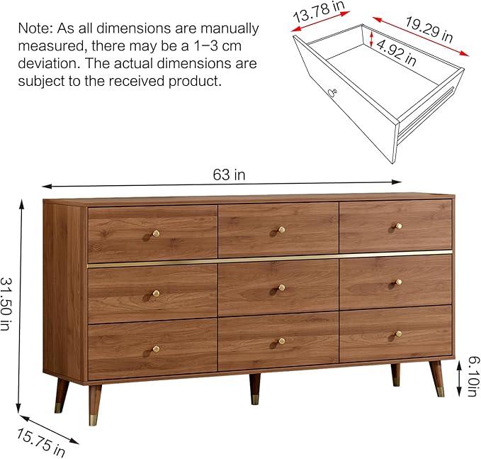 9 Drawer Dresser,63" Wide Mid Century Modern Chest of Drawers,Wooden Bedroom Drawer Dresser with 9 Storage Drawers for Bedroom, Living Room,with Anti-Tipping Device,Walnuts