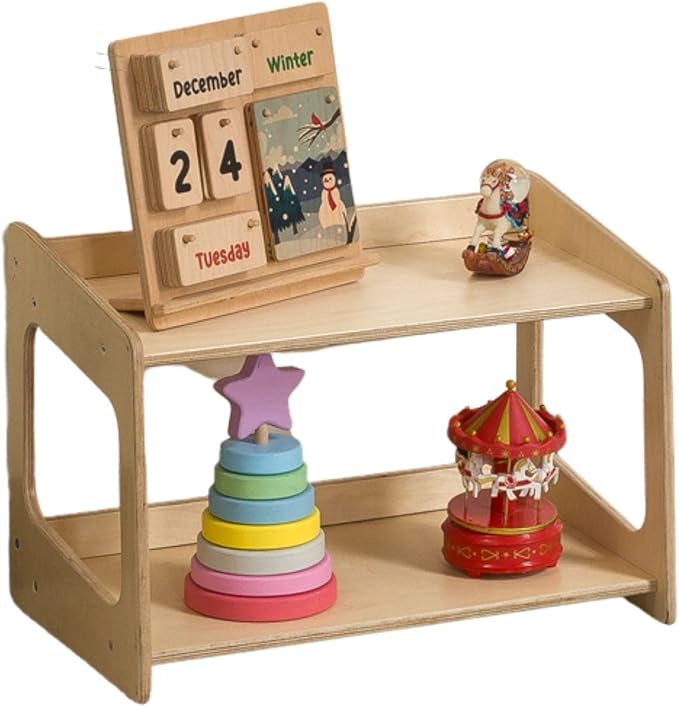 Montessori Bookshelf for Toddlers Solid Wood Toy Storage Shelf Organizer for Playroom and Classroom Floor Bookshelf for Kids Room (Natural, 2-Shelves)