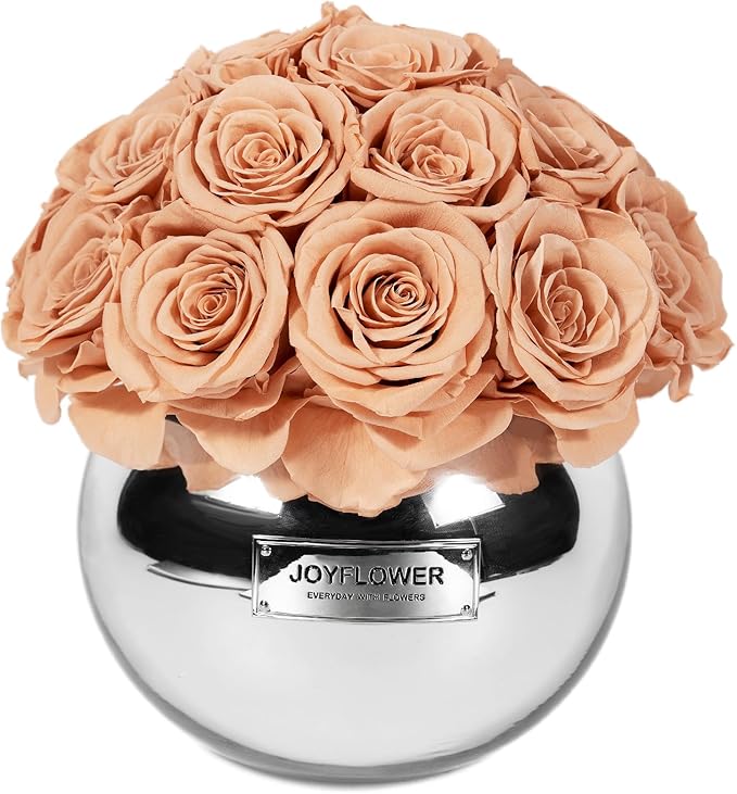 JoyFlower Preserved Flowers for Home Decor, Eternal Flower Roses with Glass Vase for Wedding House Bedroom Dining Living Room Office Table Centerpiece Decoration, Housewarming Party Gifts(Orange)