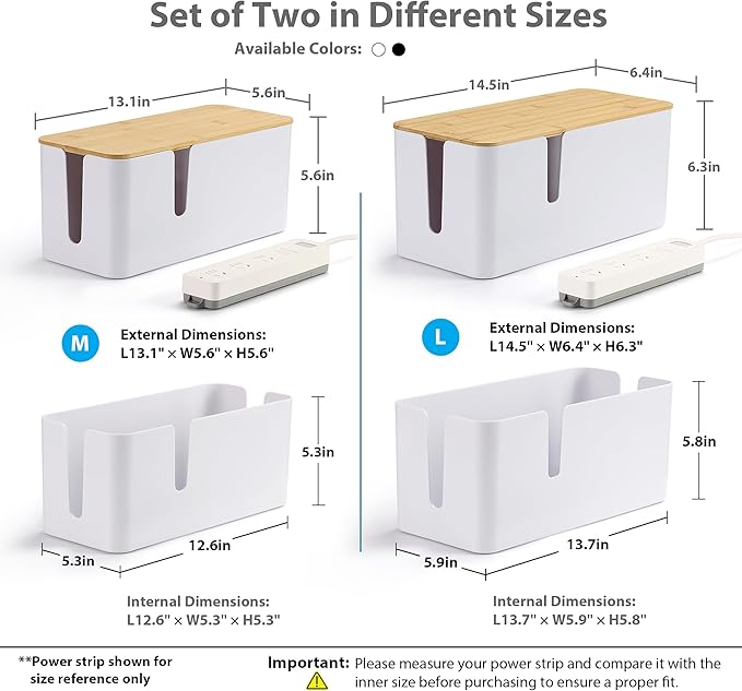 ZhiYo Bamboo Lid Cord Organizer Box, 2Pack Large Cable Management Box, Safe ABS Wire Organizer for TV and Computer, Wood Cover Cord Hider to Hide Wires, USB Hub & Under Desk Power Strip, Black