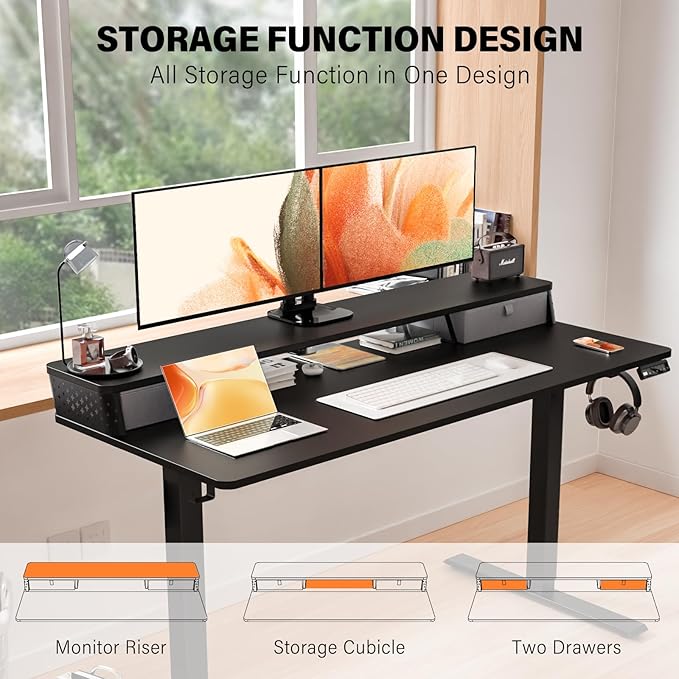 Electric Standing Desk with 2 Drawers 55''x 24'' Adjustable Height Sit to Stand Up Desk with Storage Shelf, C-Clamp Mount Compatible Black Home Office Desks Computer Gaming Table Ergonomic Workstation