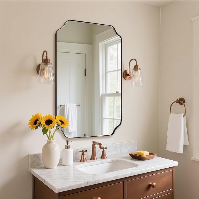 ANDY STAR Bronze Bathroom Mirror, 24x36 Inch Brushed Bronze Rectangle Mirror, Scalloped Mirror for Bathroom with Premium Stainless Steel Metal Frame, Thin Frame Deep 1’’