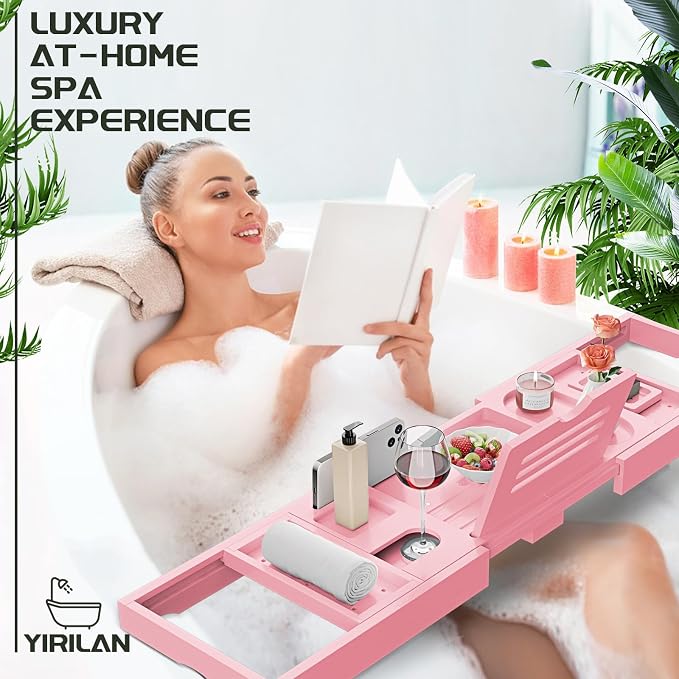 Premium Bathtub Tray Caddy, Expandable Bath Tray, Unique House Warming Gifts, New Home, Anniversary and Wedding Gifts for Couple, Pink