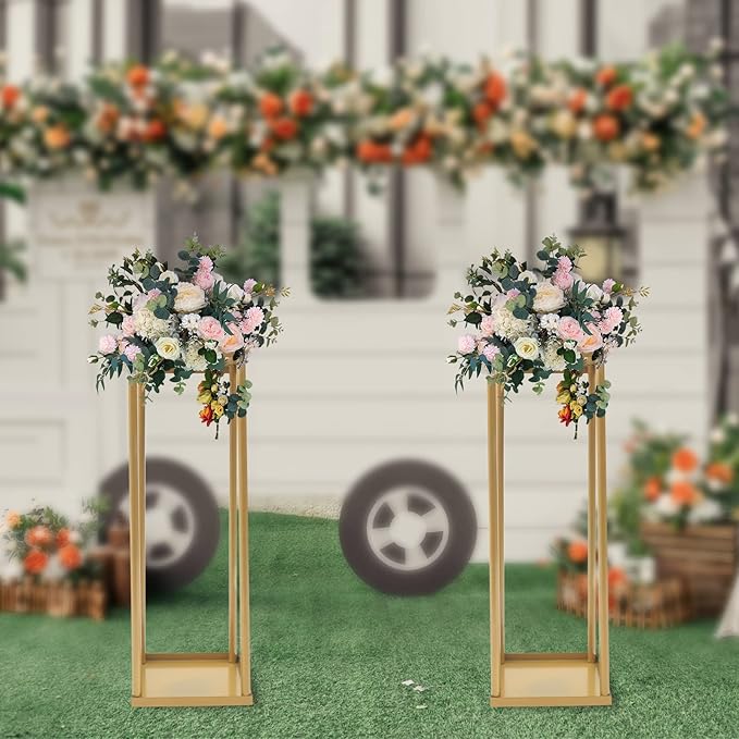 2PC 23.6" Flower Stand for Wedding Metal Cylinder Stands for Party Rectangular Gold Centerpieces Flower Vase Gold Pedestal Columns for Weddings Indoor Outdoor Flower Plant Stand Decoration