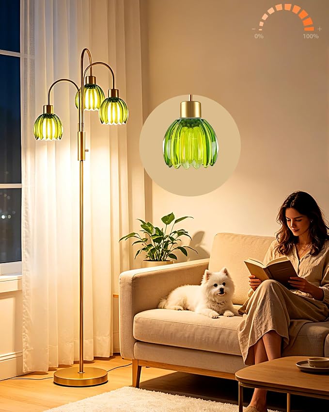 3-Light Glass Floor Lamp, 70" Gold Dimmable Standing Tall Lamp with Green Ribbed Glass Shades &3PCS 3000K Warm White Bulbs, Modern Tree Pole Lamp for Living Room Bedroom Home Office Corner Decor