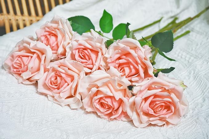 6 Pcs Silk Real Touch Latex Roses, Artificial Single Stem Big Bloom Faux Roses for Home Party Office Wedding Indoor Decor, Floral Arrangements, Table Centerpieces
