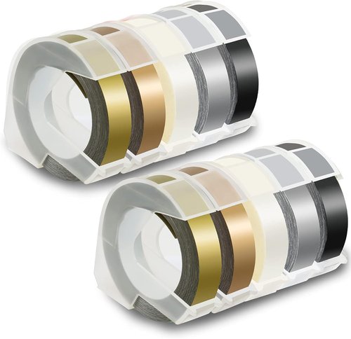 Pristar 3D Embossing Tape - Self-Adhesive for Dymo Label Maker | 9mm, White/Black/Silver/Gold, 10-Pack