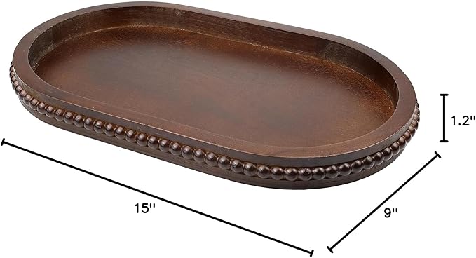Hrastany Oval Wood Decorative Tray with Wooden Beads, Vintage Serving Platter Tray for Ottoman, Coffee Table, Entertaining, Kitchen Counter Organizer, Home Decor (Retro Brown)