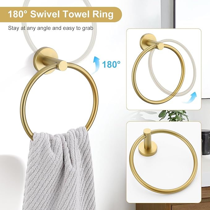 TQKAG Brushed Gold Bathroom Hardware Accessories Set 10-Pieces, Premium SUS304 Stainless Steel Bathroom Towel Bar Holder Set 23.6 Inch Round Towel Racks for Bathroom Wall Mounted