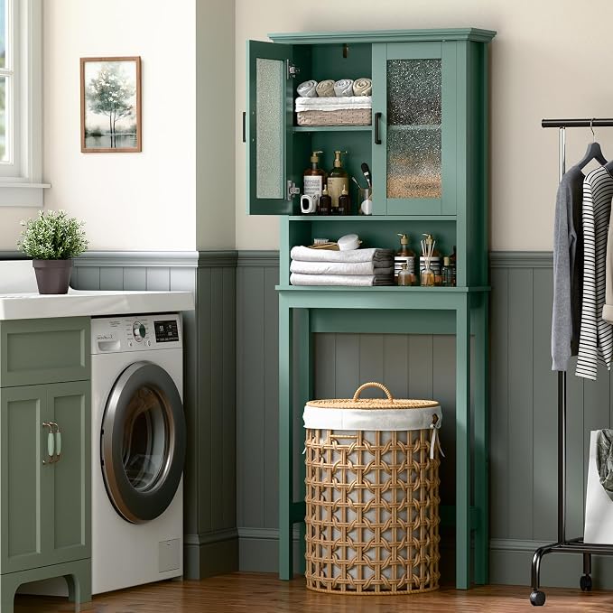Over The Toilet Storage Cabinet, Over Toilet Bathroom Organizer with Glass Doors and Adjustable Shelf, Thicken Frame Above Toilet Storage Cabinet Behind Toilet Bathroom Organizer, Halcyon Green