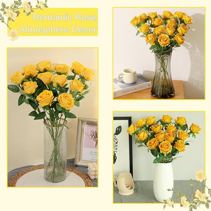 12Pcs Yellow Roses Artificial Flowers Fake Roses Faux Velvet Silk Flower for Home Wedding Decoration (Pearl Rose, Yellow)