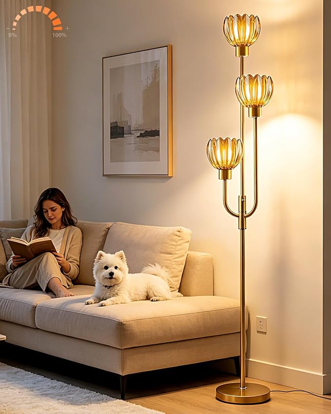 Lightdot 3-Lights Modern Glass Floor Lamp Gold Dimmable Floor Lamps with 3000K Warm White Bulbs for Wedding Party 66IN Tall Standing Lamp with Amber Glass Shade for Living Room/Bedroom/Home Decor